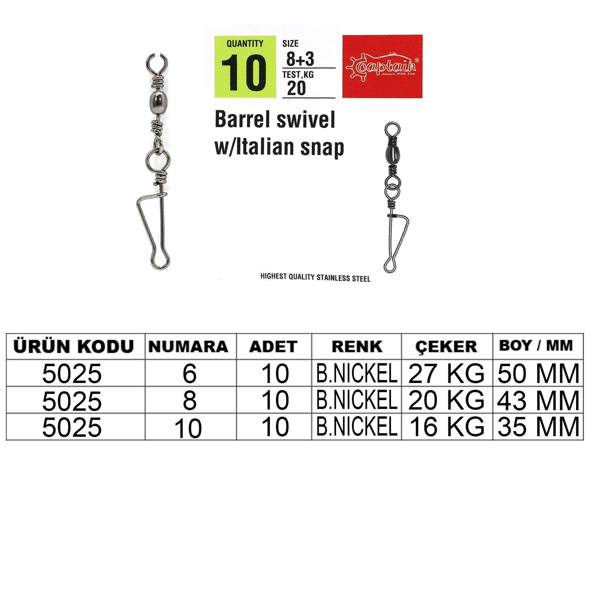Captain 5025 İtalyan Klips 10lu Paket Black Nikel