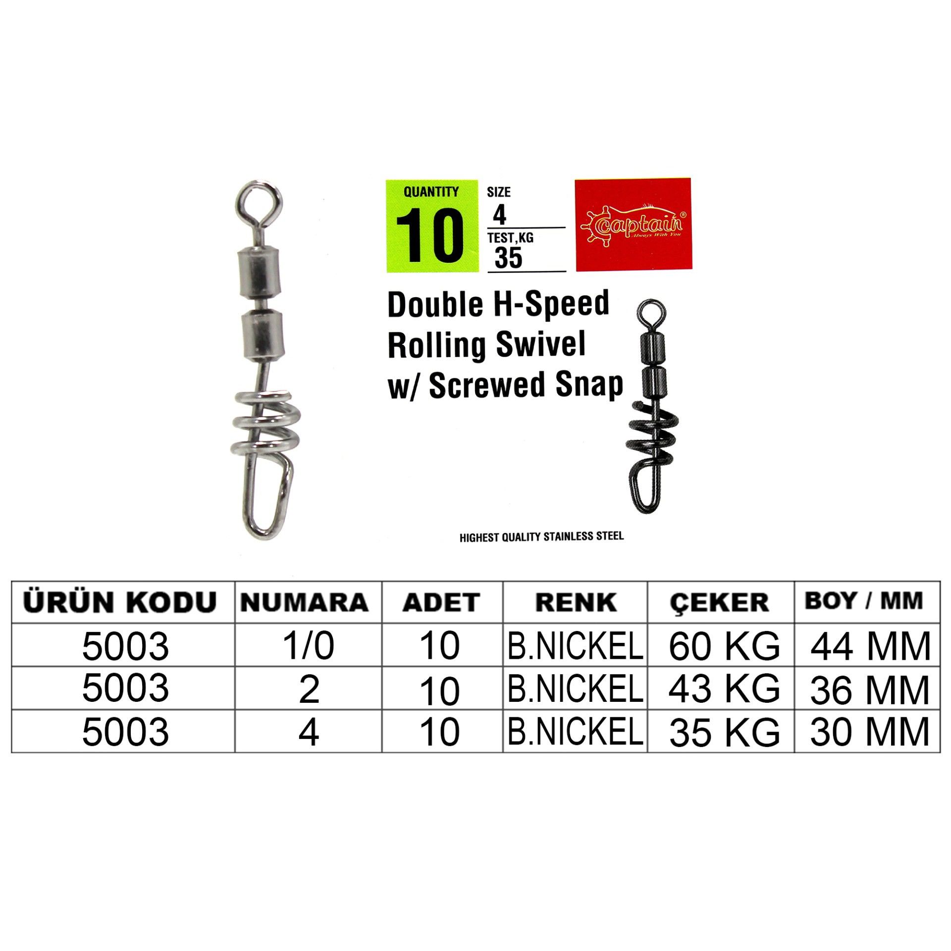 Captain 5003 Double H-Speed Screved Fırdöndü Black Nikel 10lu Paket