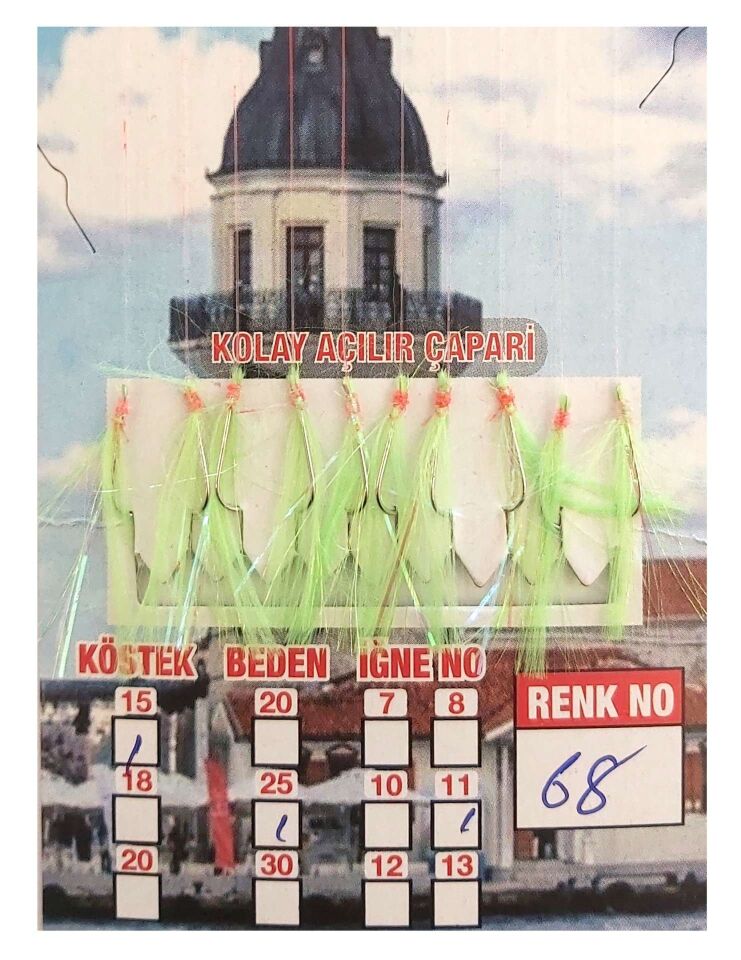 İstavrit Çaparisi UV-GLOW Simli 10 İğneli Kolay Açılan Çapari 025mm Beden x 015mm Köstek 68