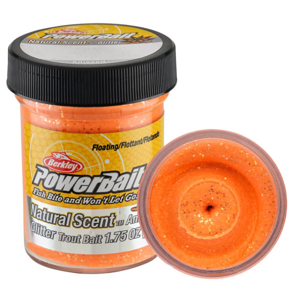 Berkley Powerbait Natural Glitter Trout Bait Aniseed Sahte Yemi FLUORESCENT ORANGE - 50GR