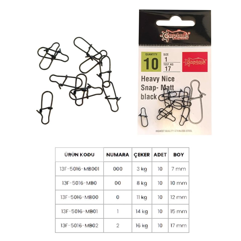 Captain 5016 Sahte Balık Klipsi Snap İnox 10'lu Paket Mat Black