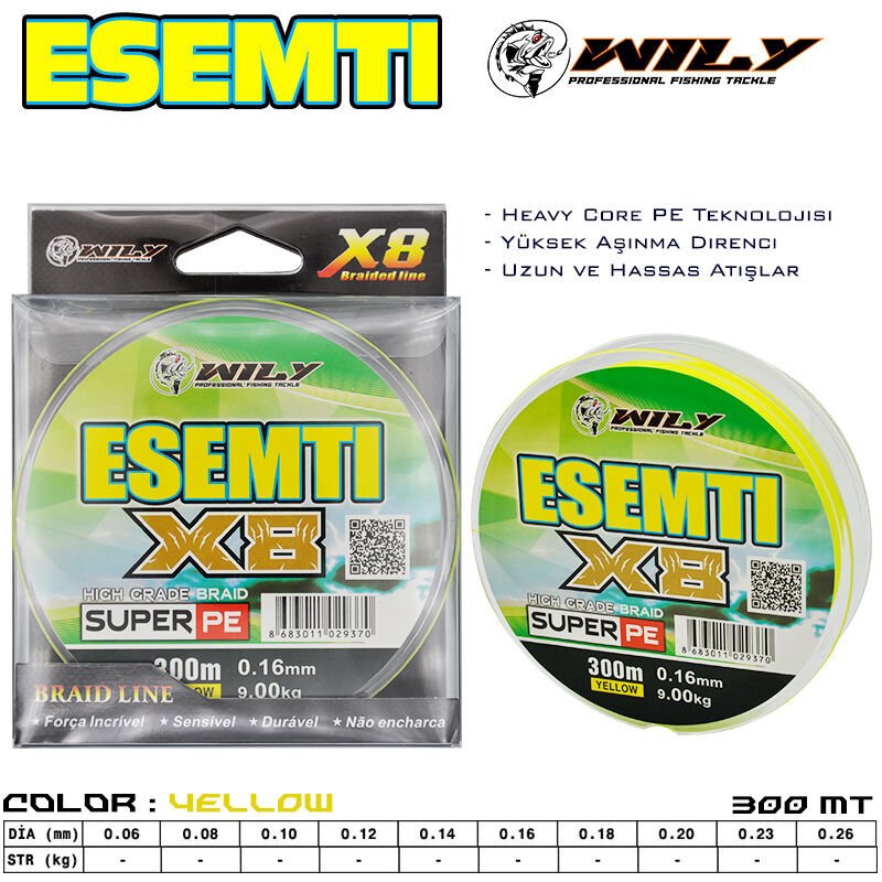 Wily Esemti 8 Kat İp Misina 300 mt Sarı