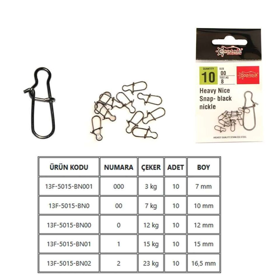 Captain 5015 Sahte Balık Klipsi Snap İnox 10lu Paket Black Nikel