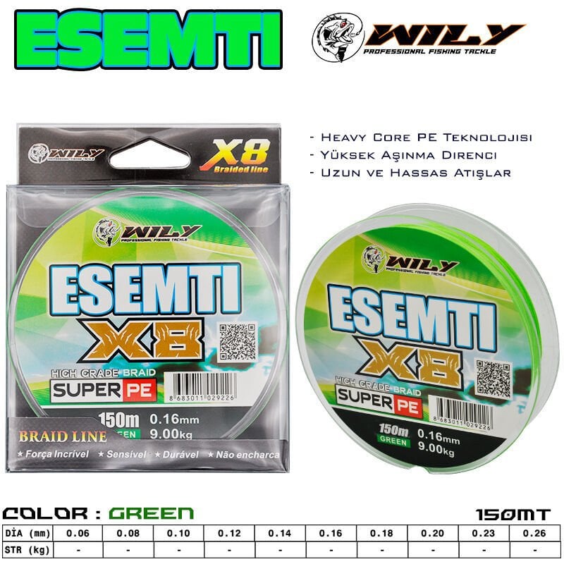 Wily Esemti 8 Kat İp Misina 150 mt Yeşil