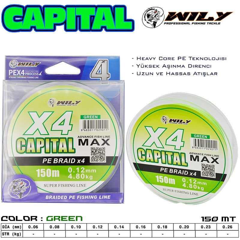 Wily Capital 4 Kat İp Misina 150 mt Yeşil
